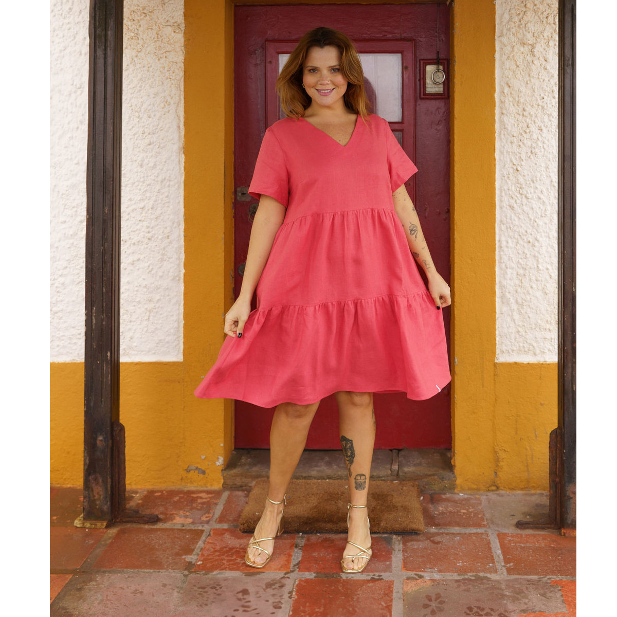 NAKOA aikuisten Layered Linen Dress, Sunset Coral