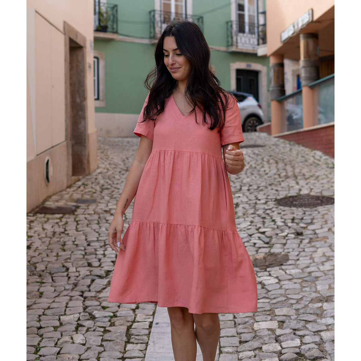 NAKOA aikuisten Layered Linen Dress, Papaya