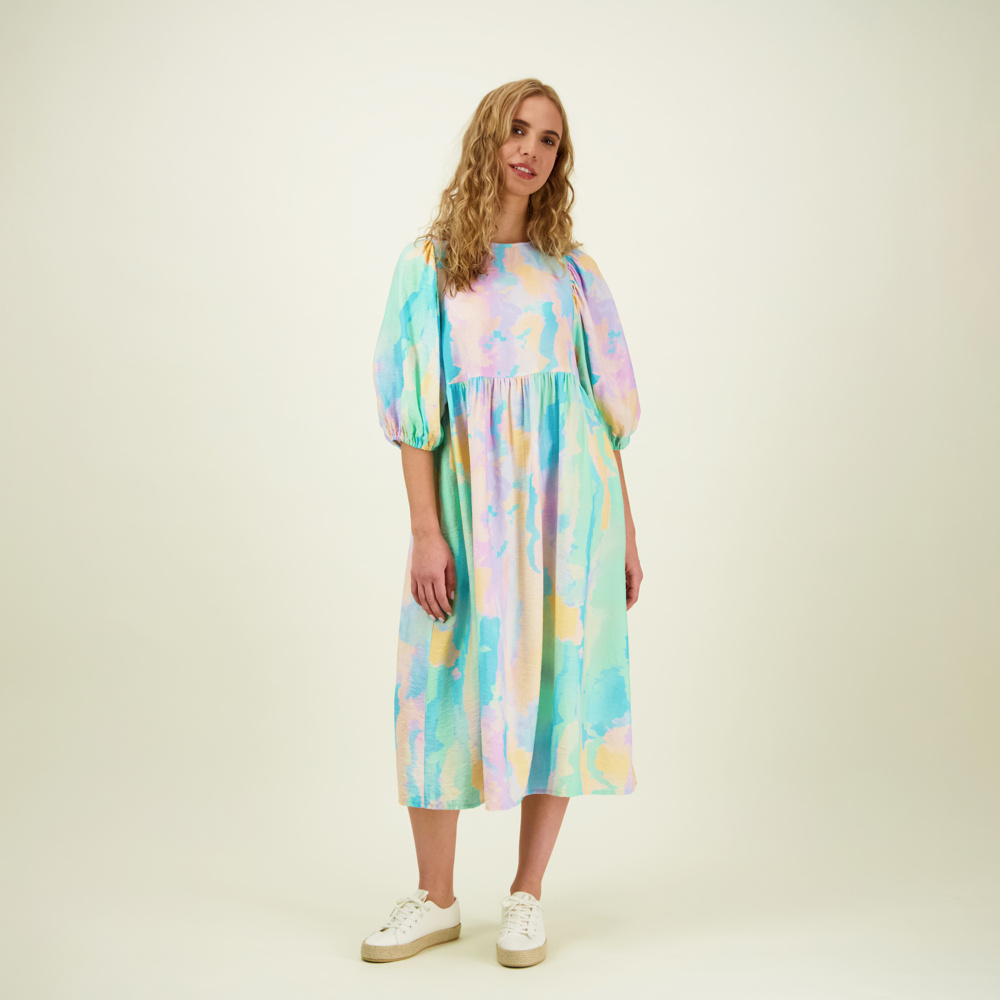 METSOLA SUNSET PUFF SLEEVE MIDI DRESS, Multicolour