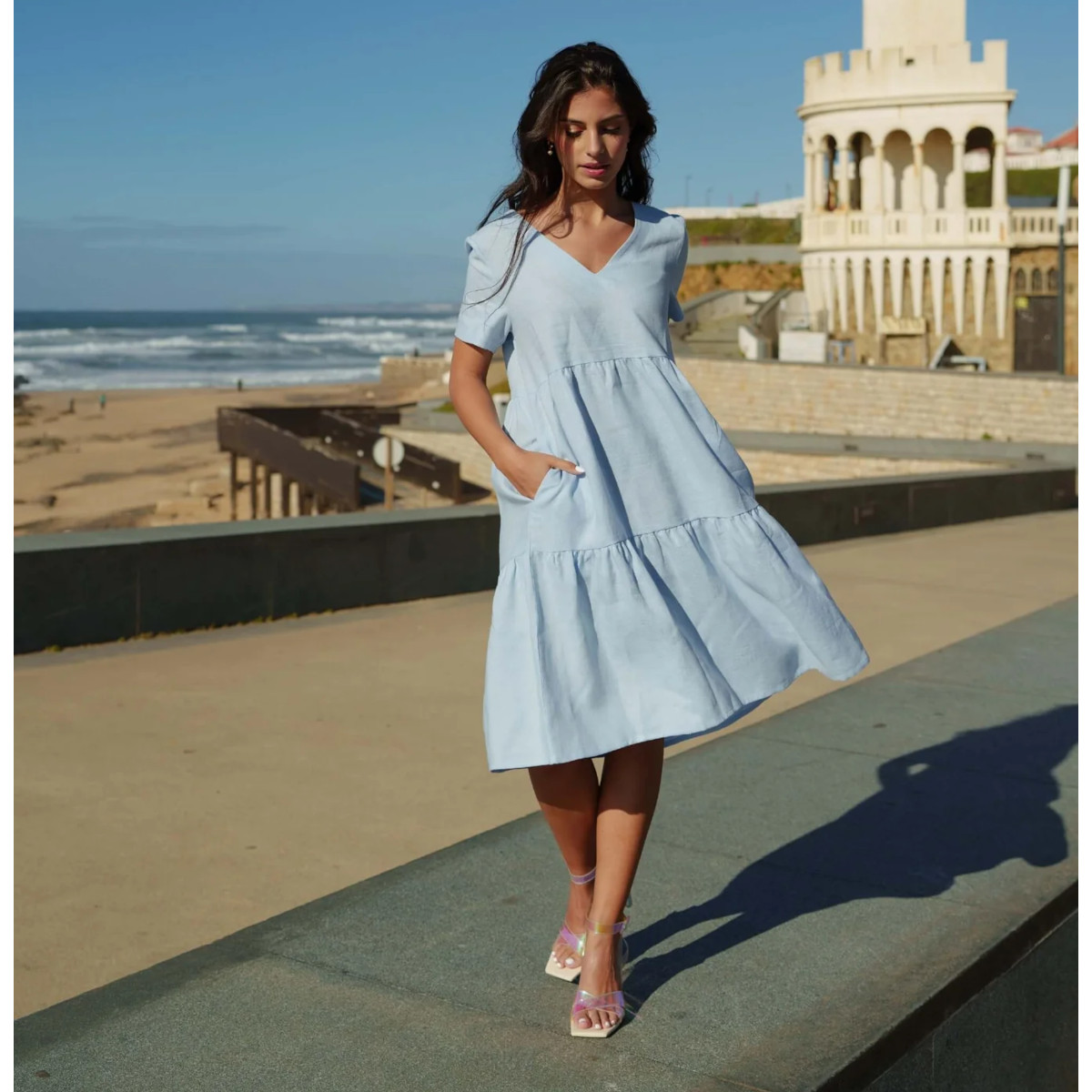 NAKOA Layered Linen Dress, Sky Blue